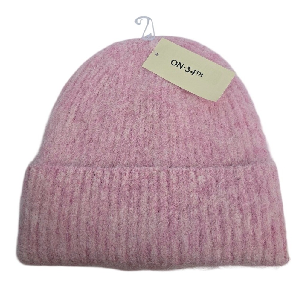 On 34th Womens Pink Fuzzy Knit Cuffed Wool Blend Beanie Hat OS NWT